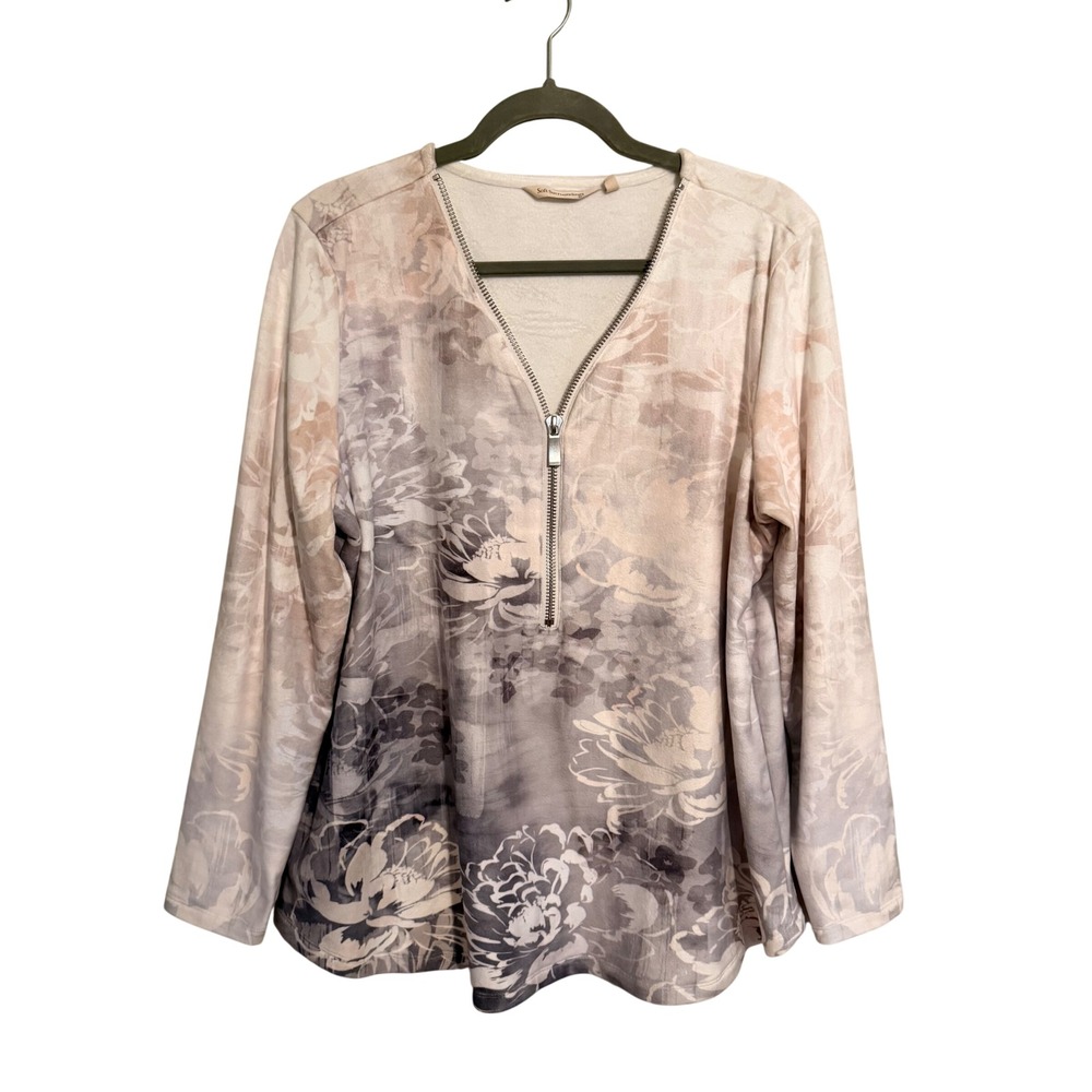 Soft Surroundings Floral Soft Cozy Half Zip Pullover Mauve Grey Top Large